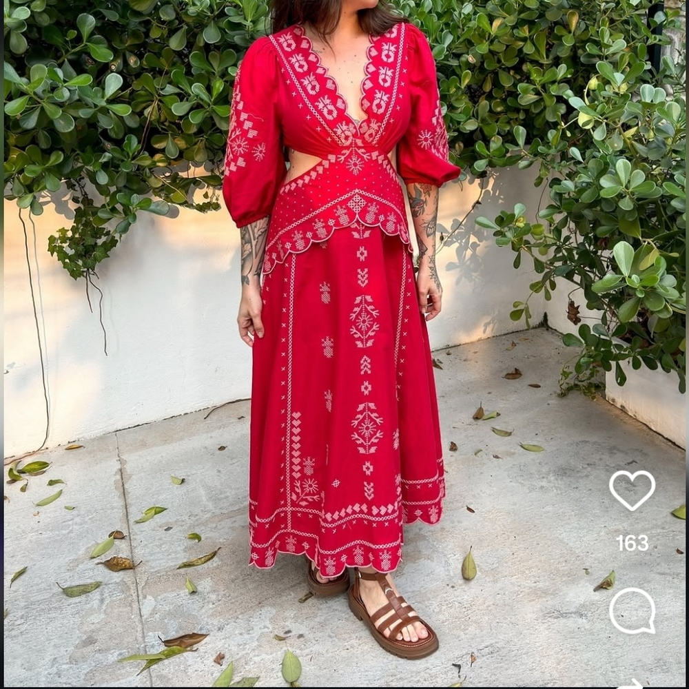 FARM Rio Brazil Red Embroided Dress Puff Sleeves Size L - Picture 13 of 13
